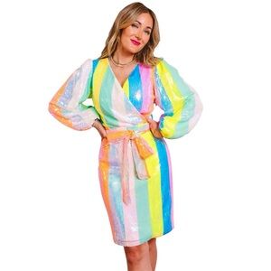Ivy City Co Jagger Dress In Stripped colorful rainbow Sequin Size L EUC
